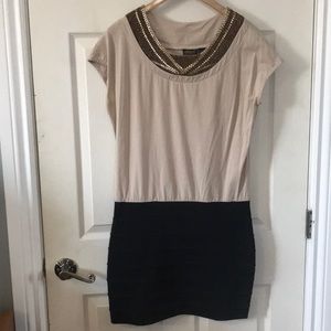 Beige and Black Jewelled Neck mini dress